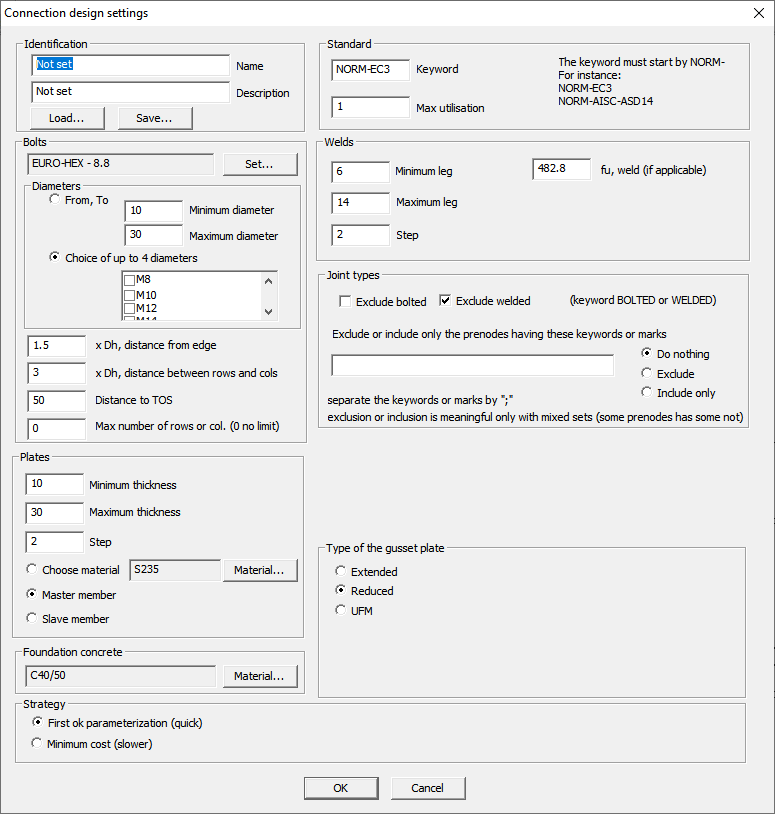 Dialog for the choice of design criteria.