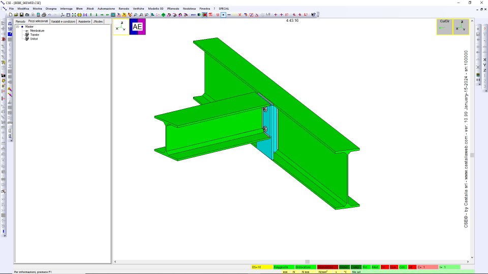 Beam-beam with stiffened end plate, secondary beam HSM, angle not equal to 90° (passing master case). BE3