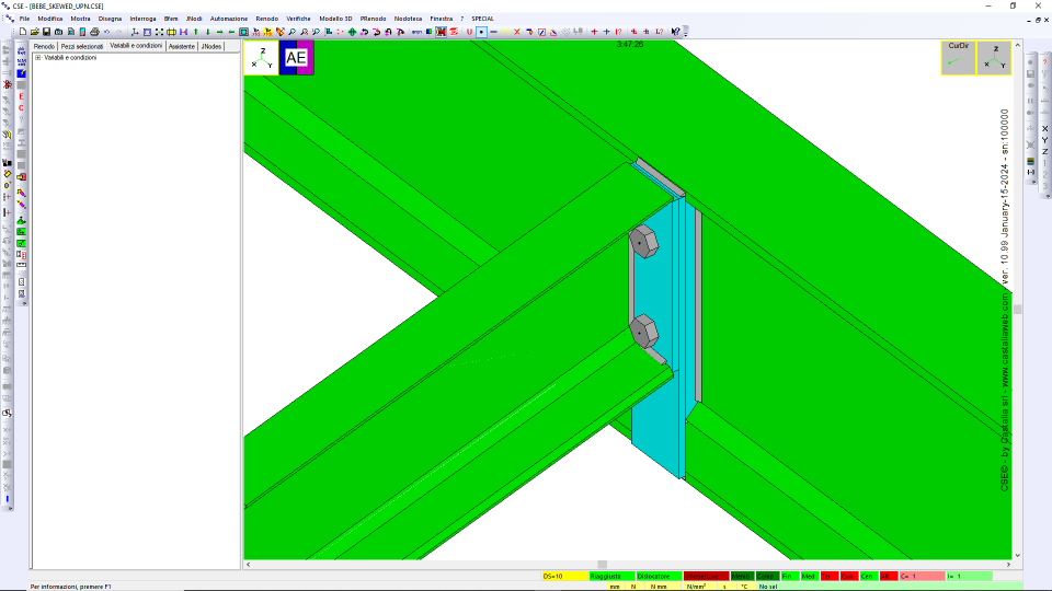 Beam-beam with stiffened end plate, secondary beam with UPN cross-section, angle not equal to 90° (passing master case). BE3
