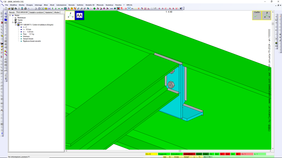 Beam-beam with stiffened end-plate, secondary HSM beam, angle not equal to 90° (passing master case). BE4