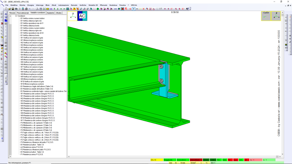 Beam-beam with stiffened end-plate, secondary beam having UPN cross-section, angle not equal to 90° (interrupted master case)